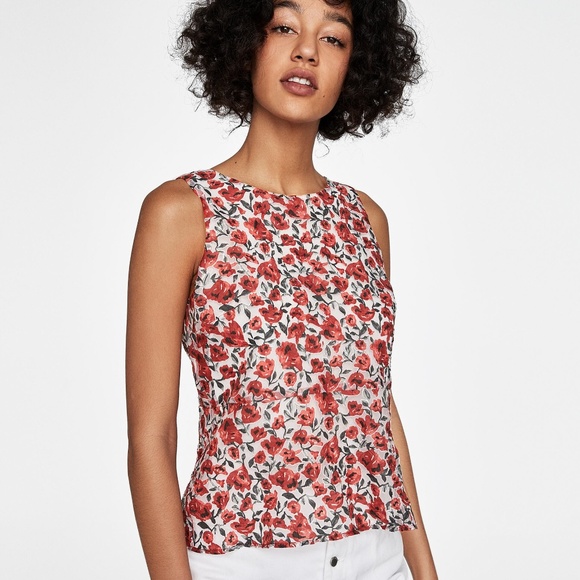 Zara Tops - NWT Zara Sheer Floral Top Crinkled Sleeveless Red Size XS NEW